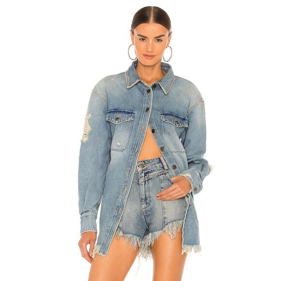 Retrofete Doreen Shirt‎ Jacket Blue Denim Distressed Frayed Long Sleeve Sz XS